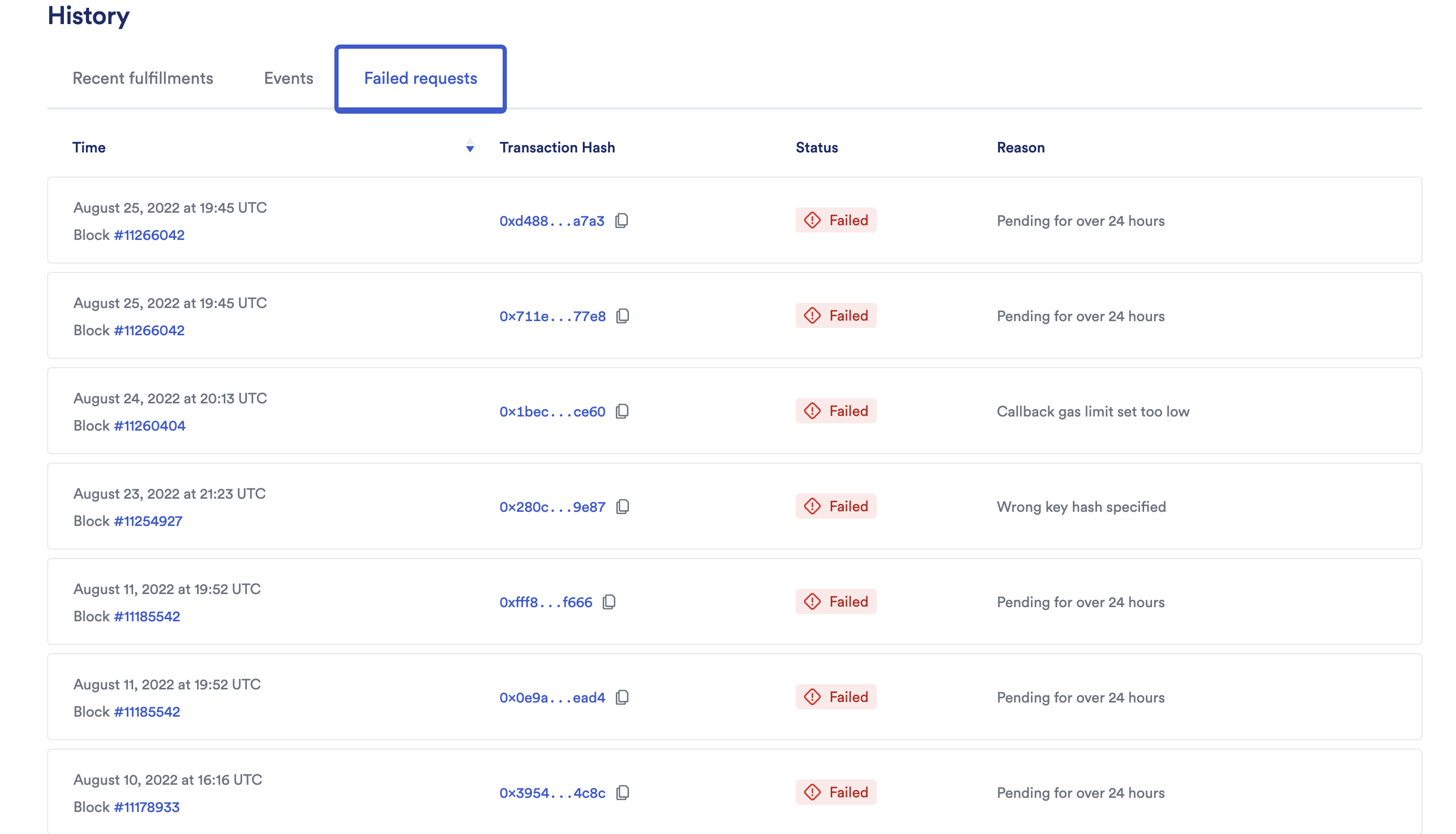 VRF v2 UI history failed